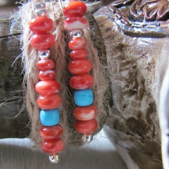ZUNI HAND MADE SPINY  OYSTER & SLEEPING BEAUTY TURQUOISE EARRINGS - Picture 7 of 16